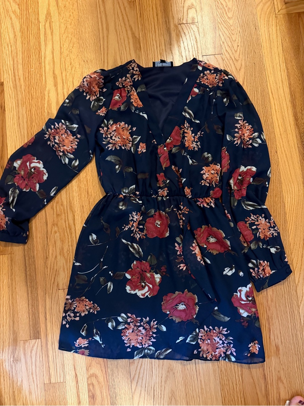 Lulu's Navy Floral Long-Sleeve V-Neck Dress with Red Blooms